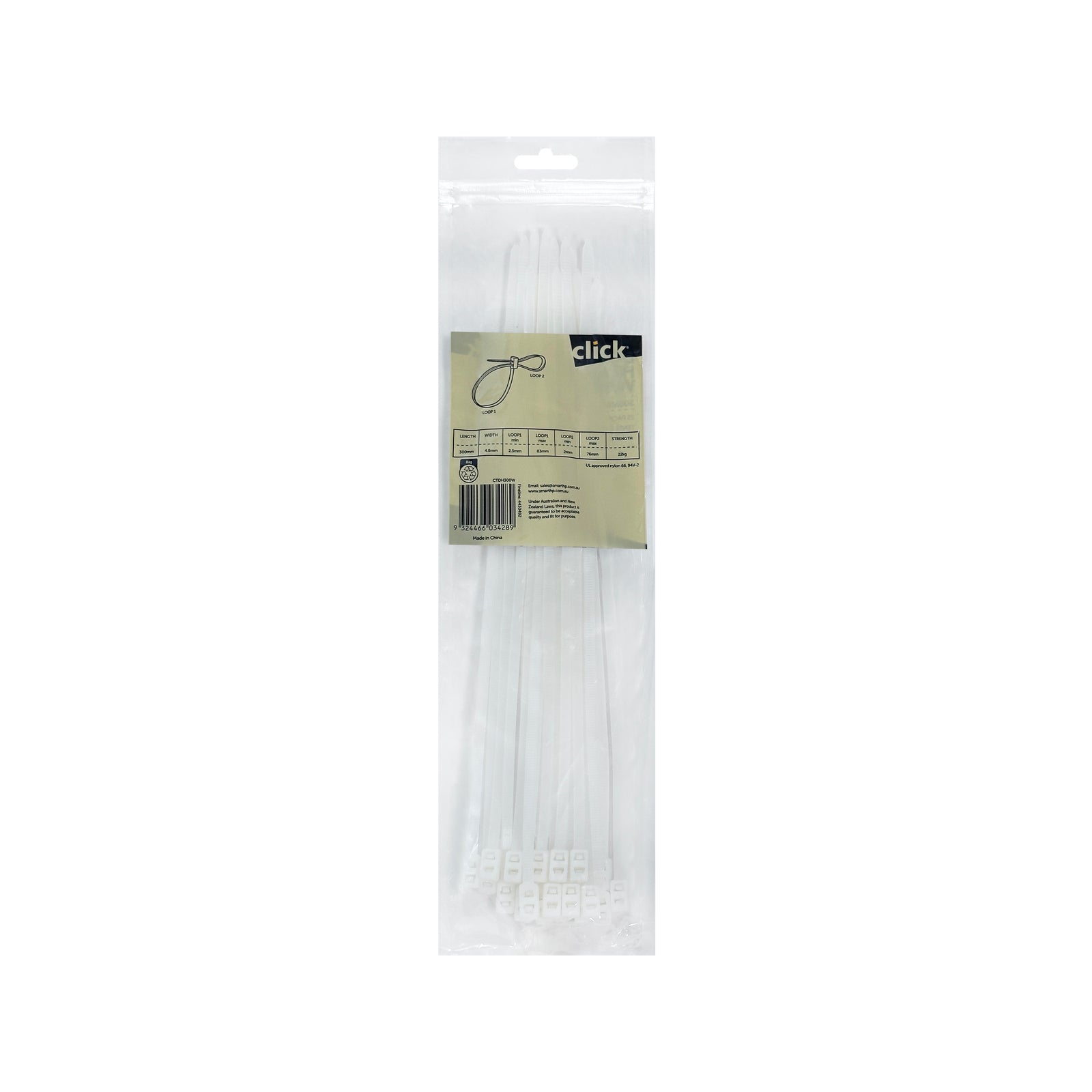Click 300mm White Double Headed Nylon Cable Tie UV Resistant 25 Pack CTDH300W