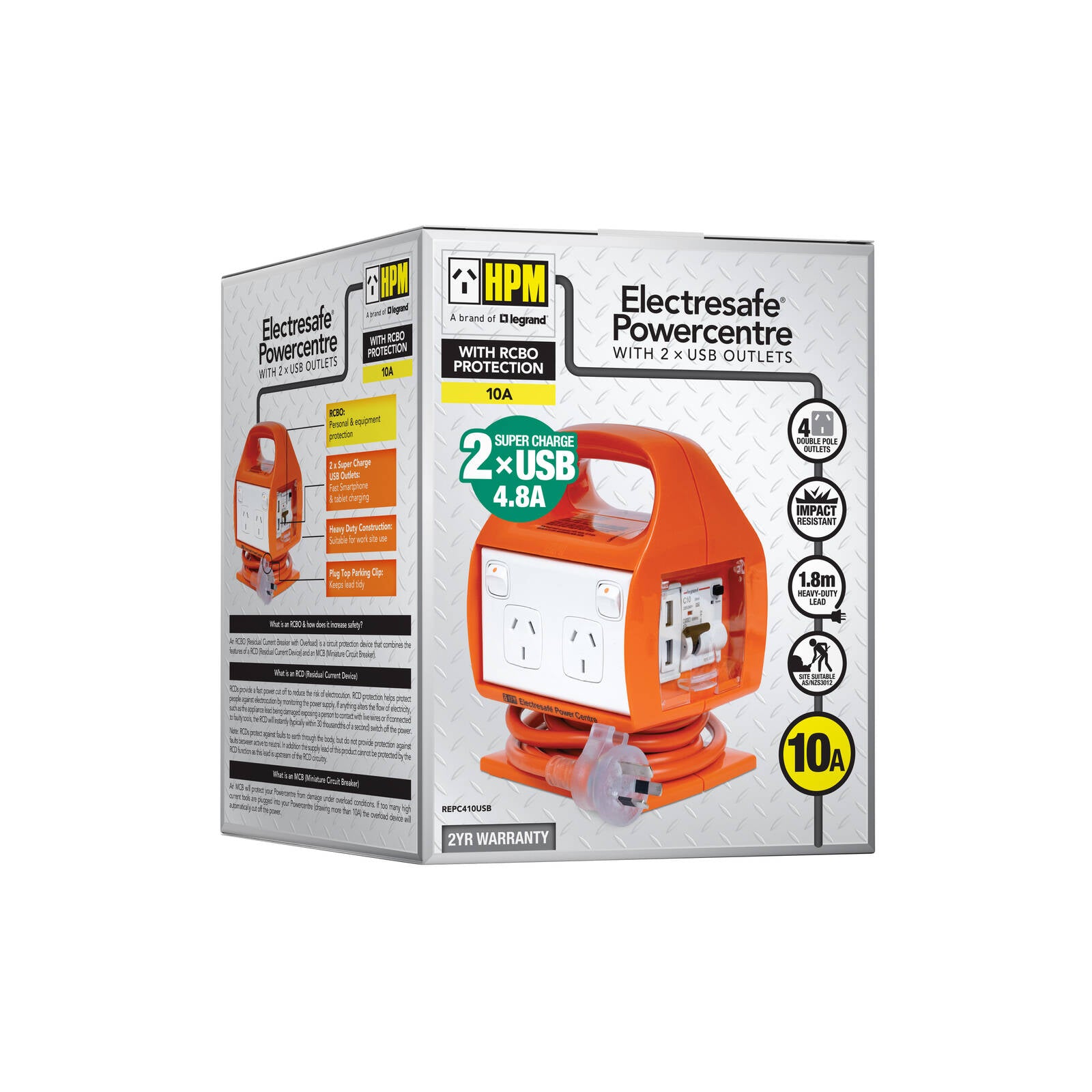 HPM 10A Electrosafe Portable Power Centre With USB Charger REPC410USB Orange