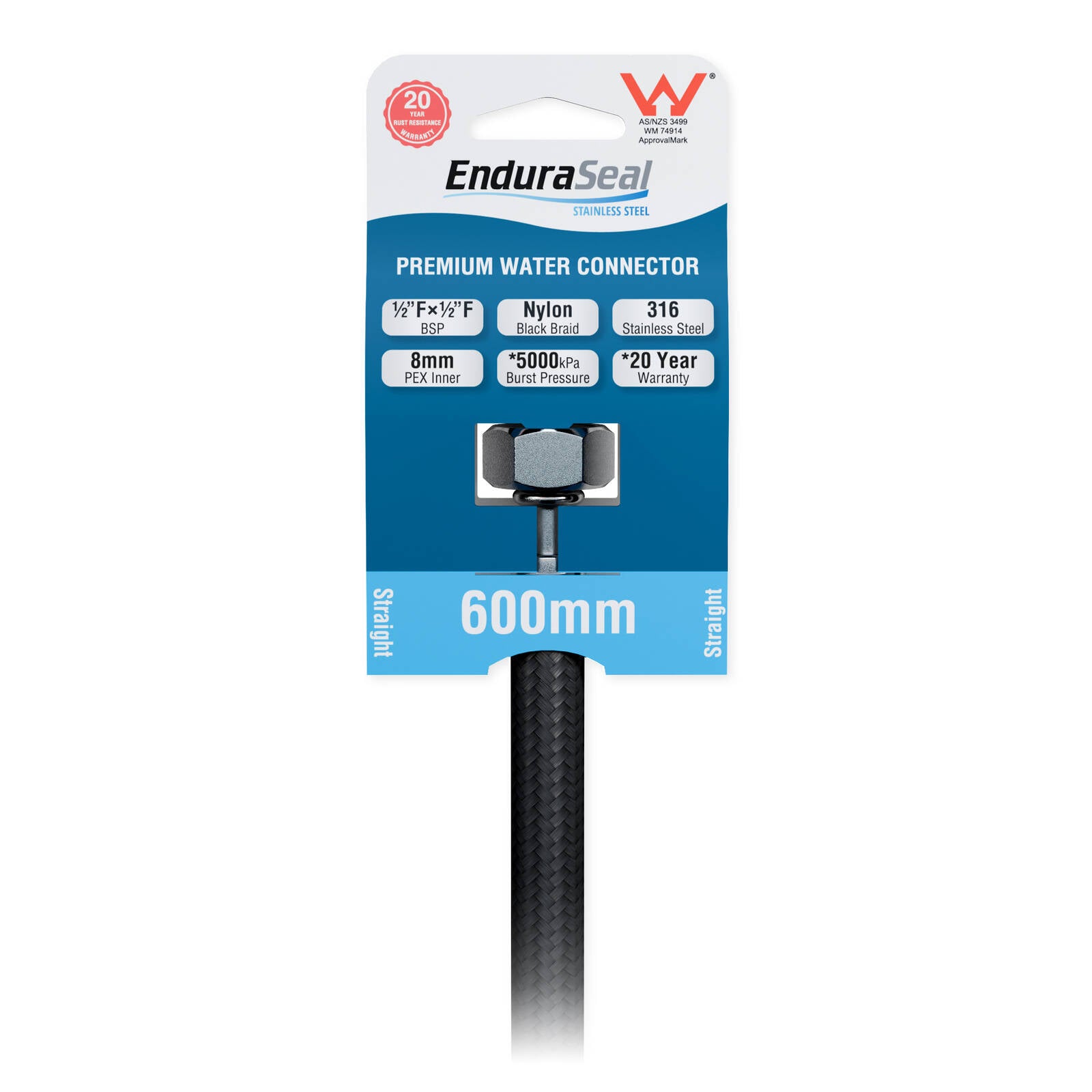 EnduraSeal 600mm Black Braided Water Connector PEX 500kPa Hot/Cold