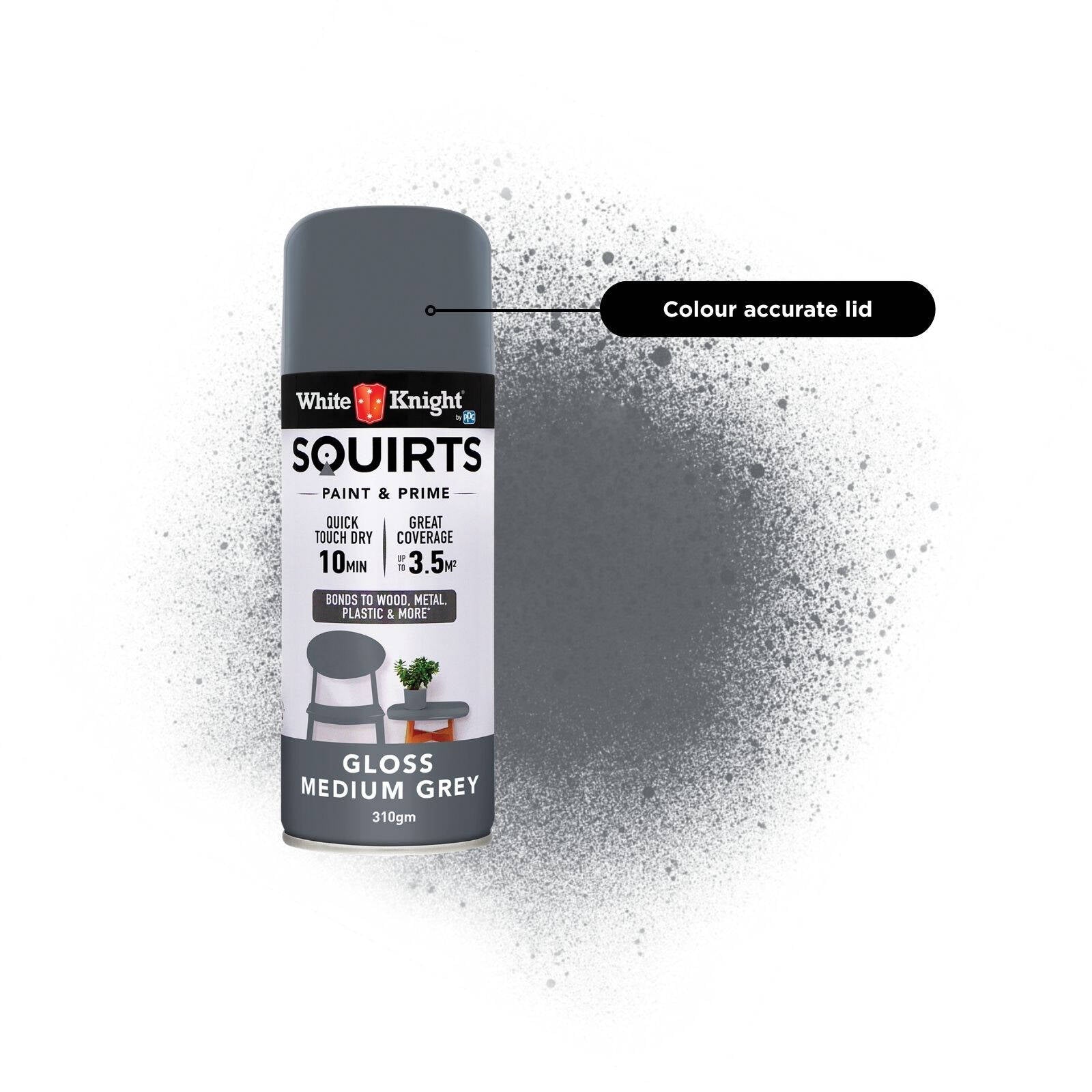 White Knight Squirts Medium Grey Gloss Spray Paint 310g - Solvent-Based, UV Resistant