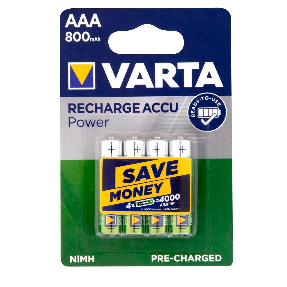 Varta AAA 800mAh Rechargeable Ni-MH Batteries 4 Pack Ready to Use