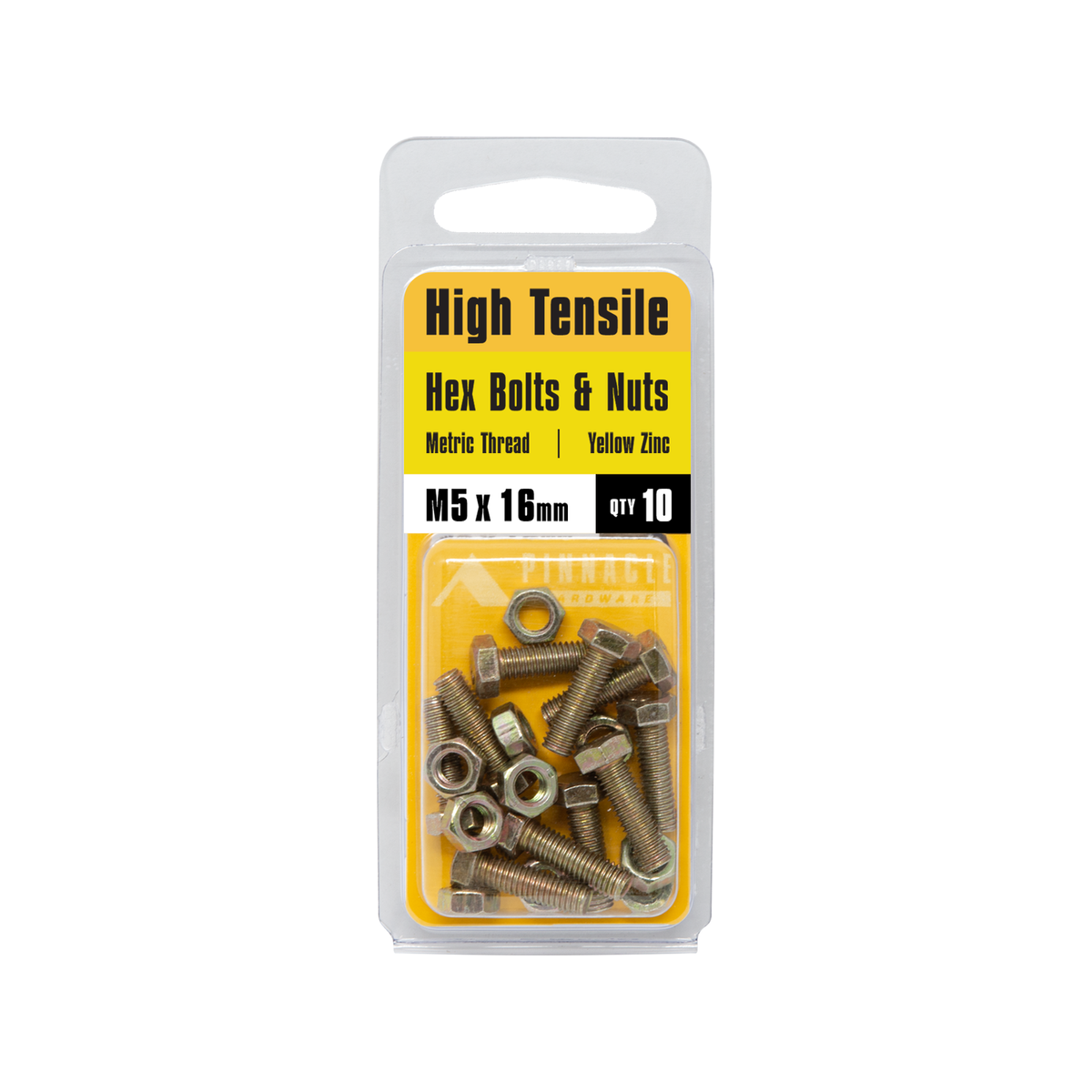 Pinnacle M5 x 16mm Hi-Tensile Hex Bolt and Nut - Yellow Zinc, 10 Pack