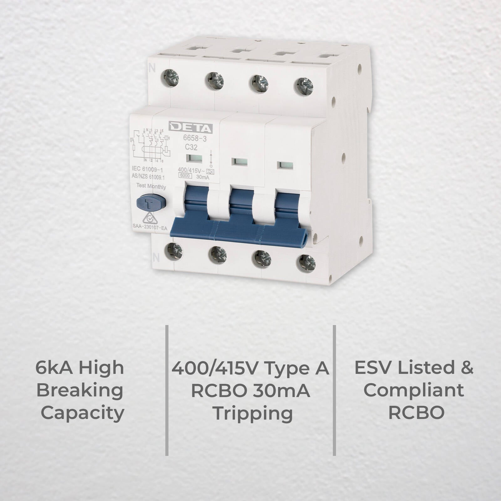Deta 32A 3-Phase RCBO, 6kA 30mA