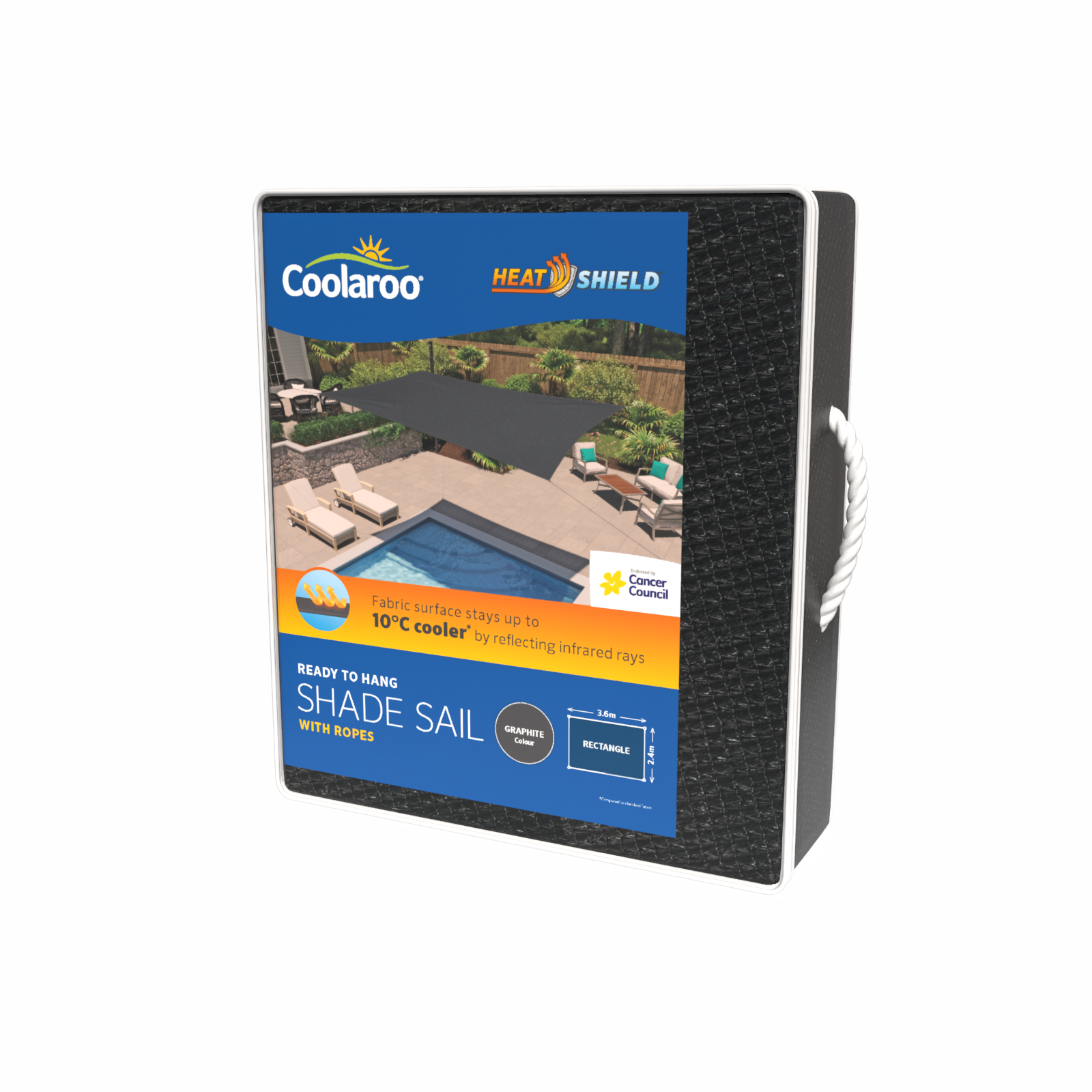 Coolaroo Graphite 2.4 x 3.6m Heatshield Ready-To-Hang Rectangle Shade Sail, HDPE, Up to 90% UV Block