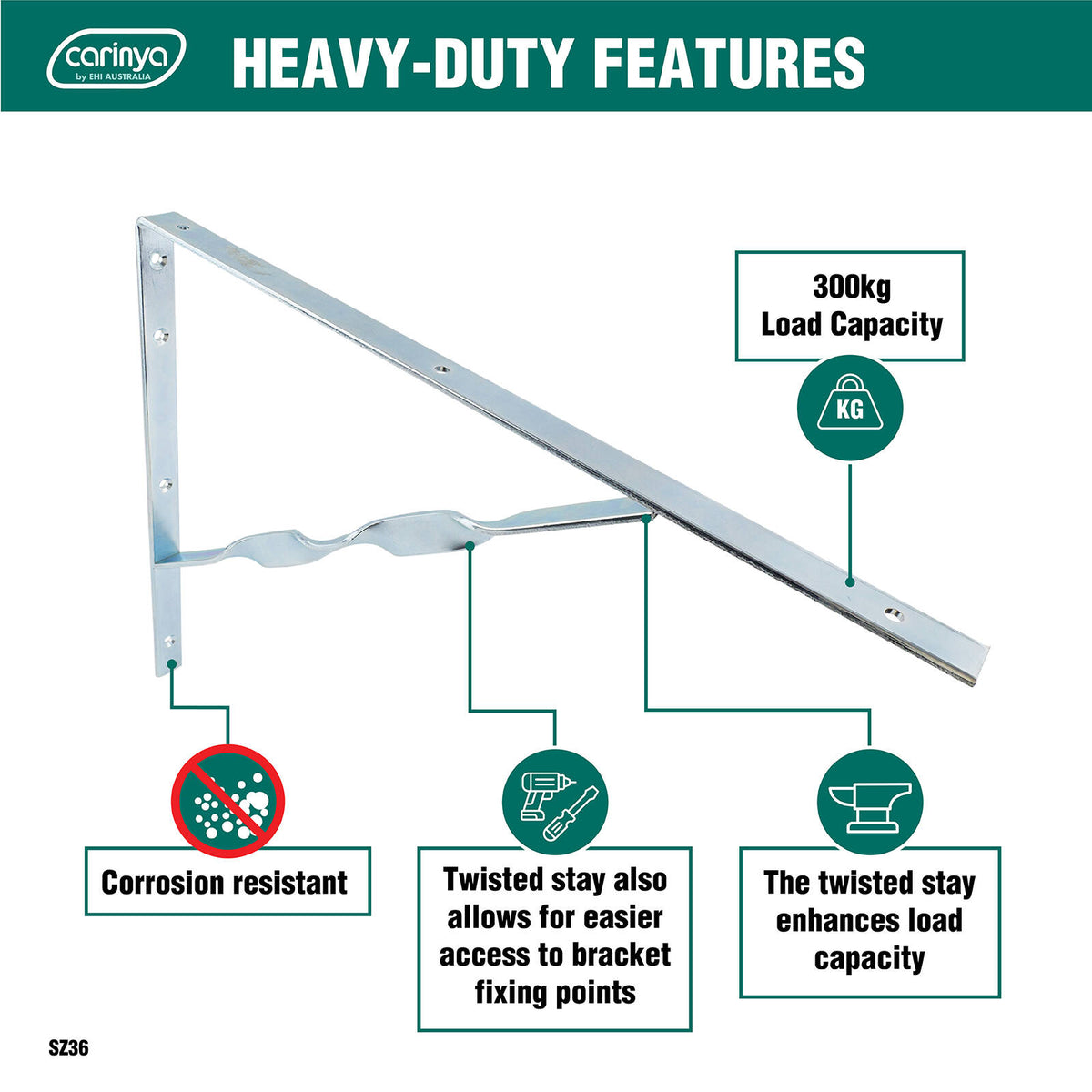 Carinya 500 x 400mm Zinc Plated Steel Heavy Duty Twisted Stay Bracket, 300kg