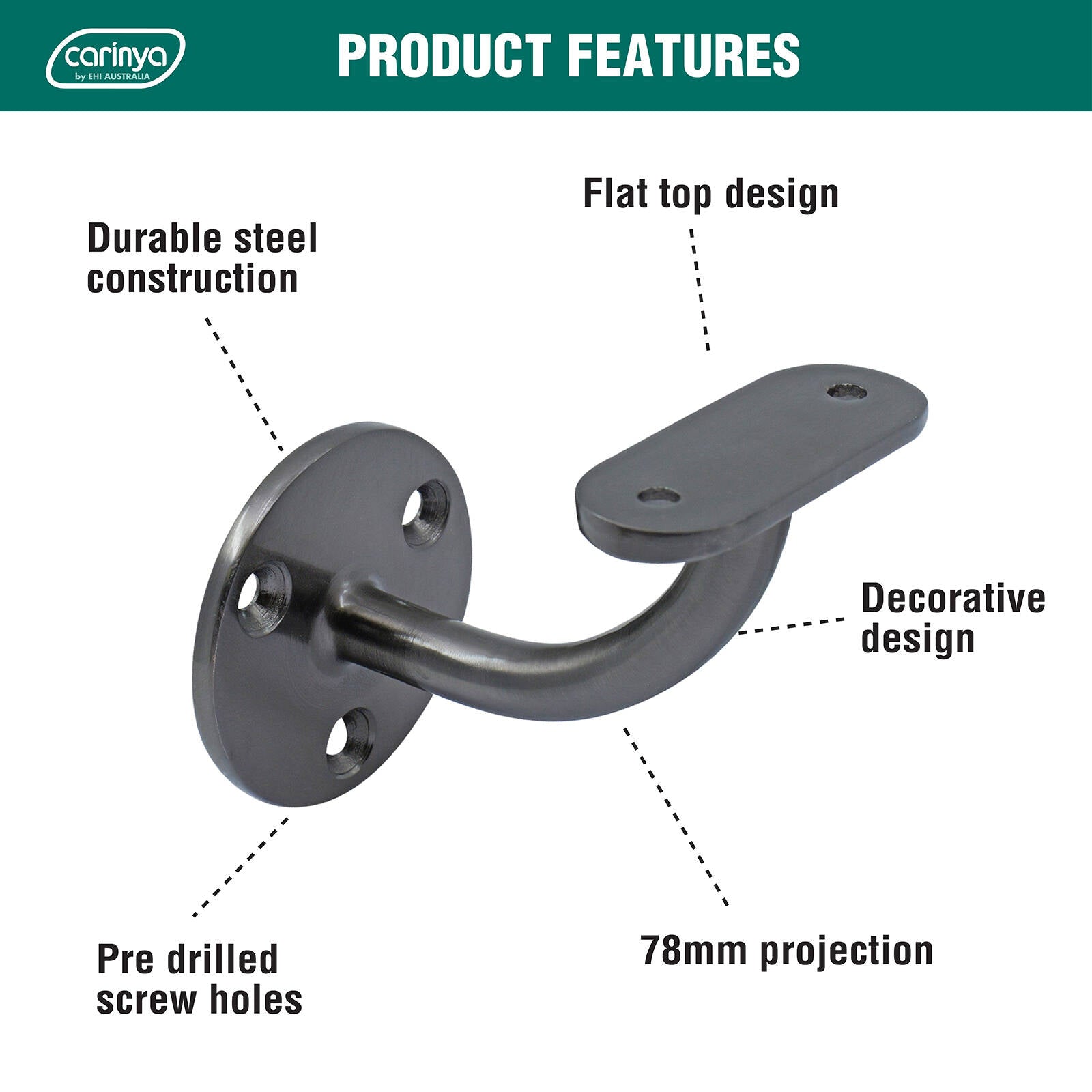 Carinya 70 x 90 x 95mm Black Nickel Steel Flat Top Curved Handrail Bracket