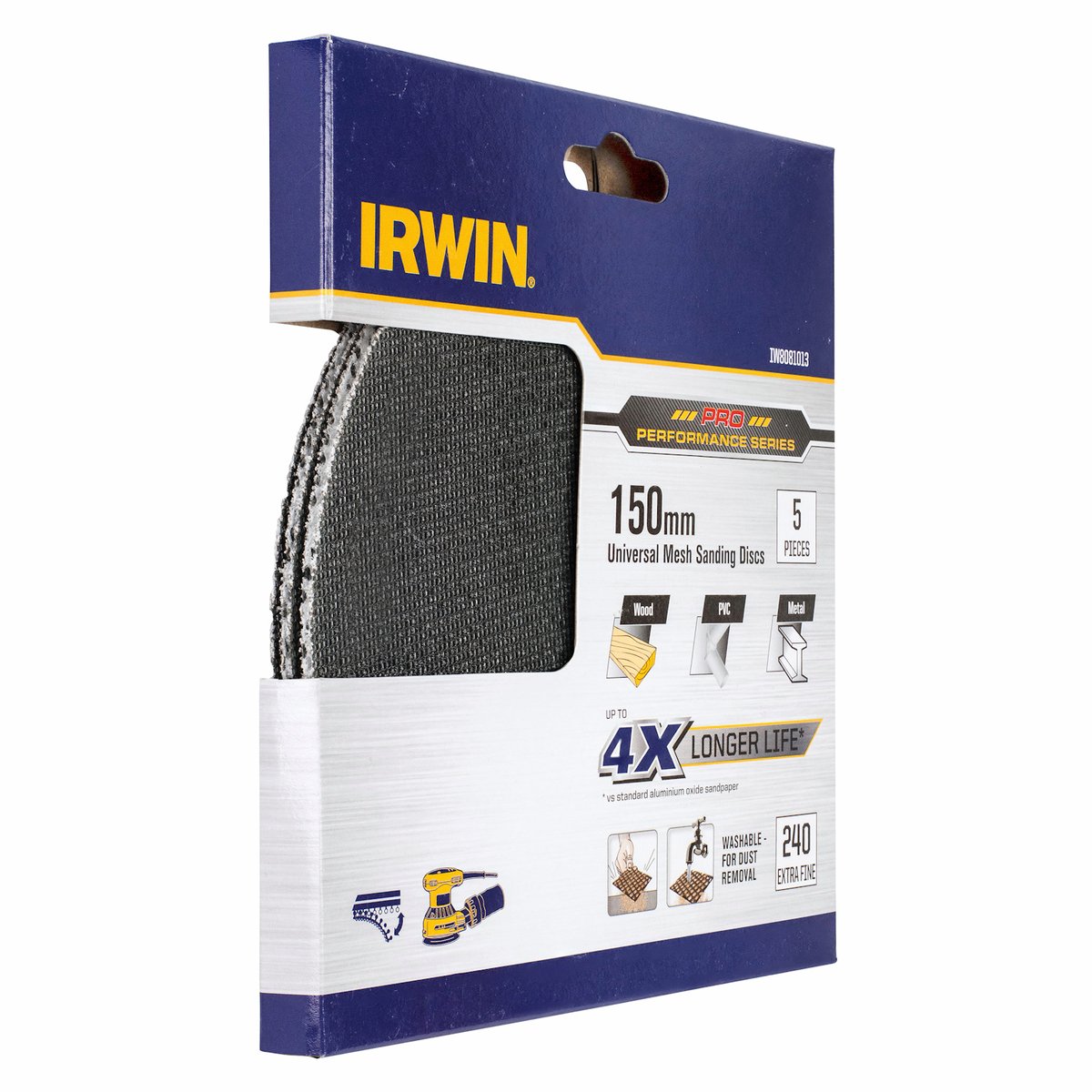 Irwin 150mm 240 Grit Orbital Sanding Disc Mesh Velcro 5 Pack