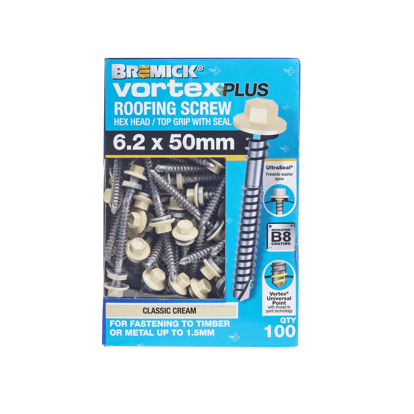 Bremick Vortex Plus 6.2 x 50mm Hex Roofing Screws B8 Classic Cream - 100 Pack
