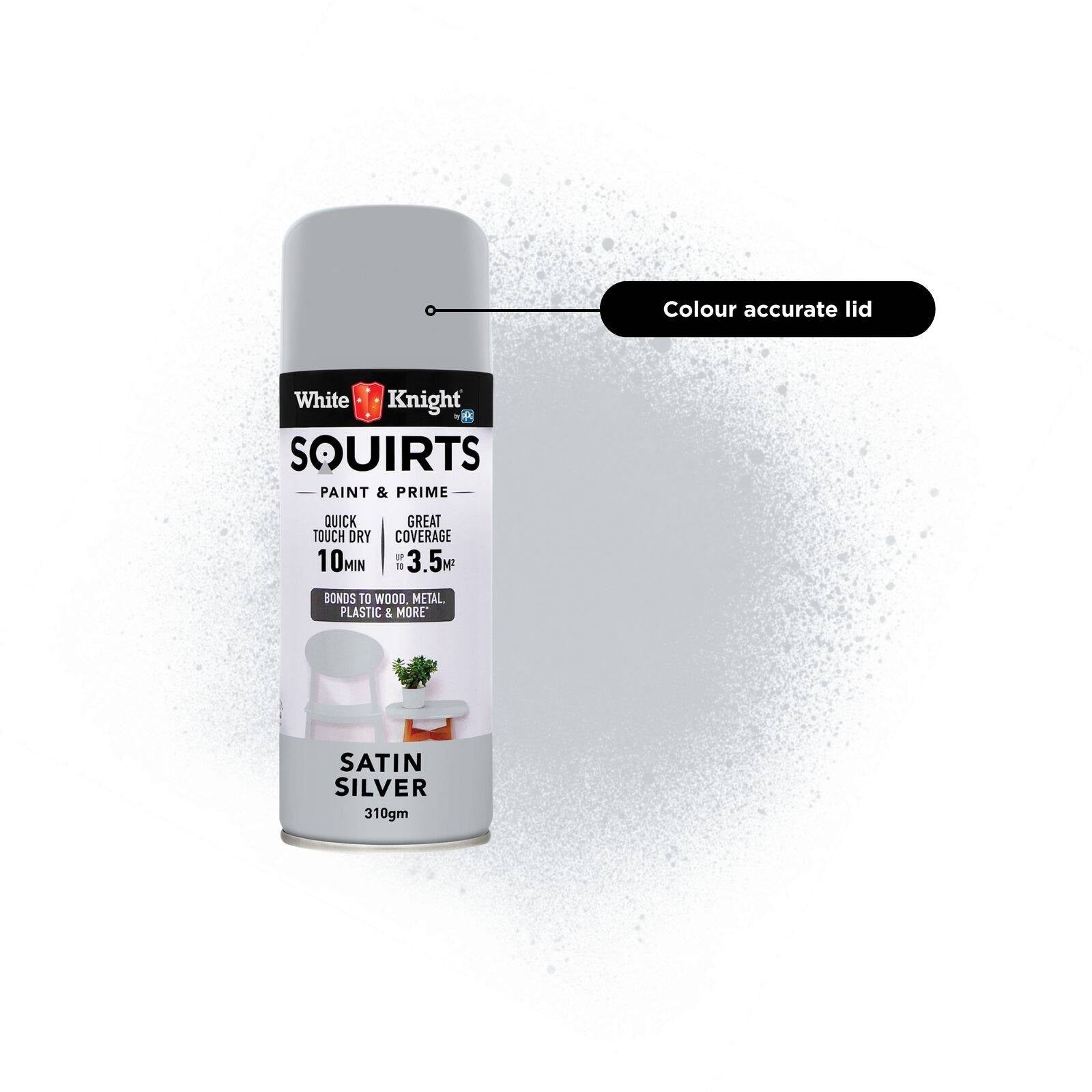 White Knight Squirts 310g Silver Satin Spray Paint - Indoor/Outdoor