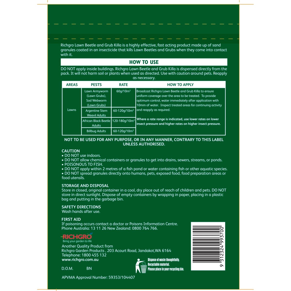 Richgro Lawn Beetle & Grub Killa 5kg Ready-to-Use Granular Insecticide for Armyworm & Black Beetle
