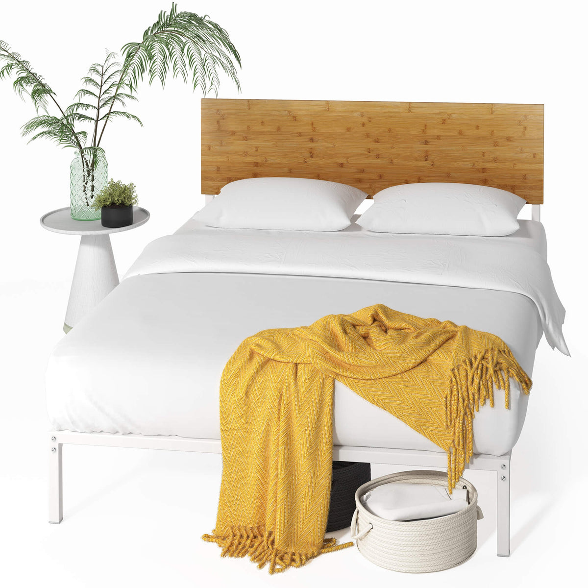 Zinus Figari queen metal and bamboo bed frame - white, adjustable headboard, 250kg capacity - AU-FBOBH2-39Q