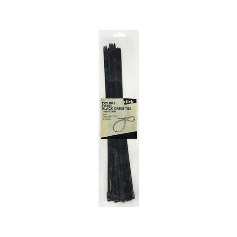 Click 370mm Black Double Headed Cable Tie 25 Pack - UV Resistant Nylon Twin Loop