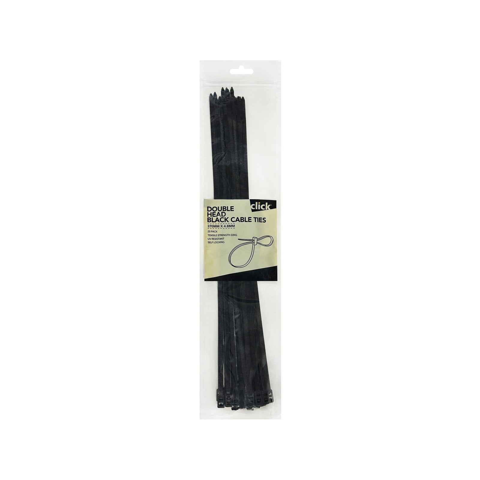 Click 370mm Black Double Headed Cable Tie 25 Pack - UV Resistant Nylon Twin Loop