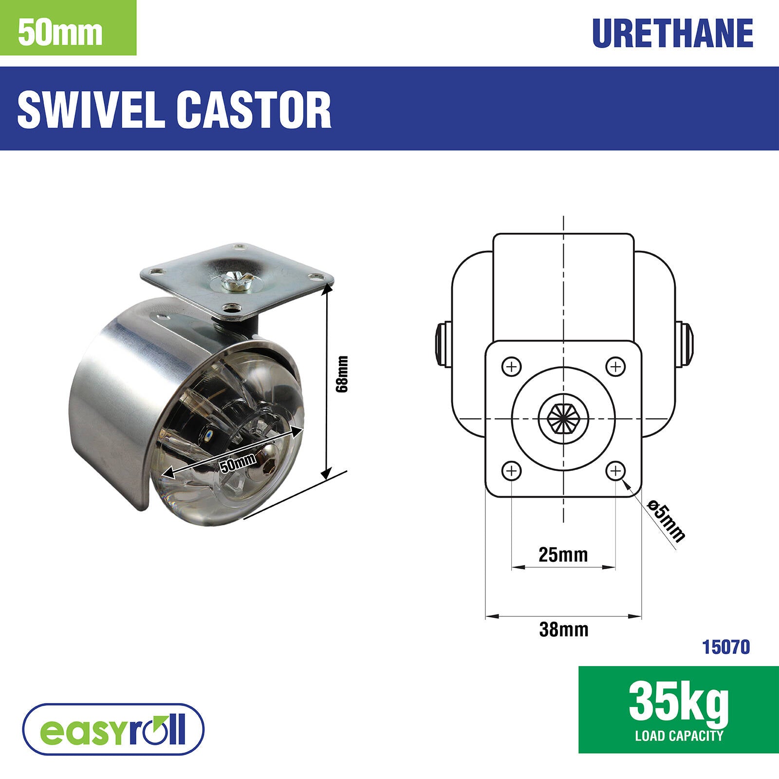 Easyroll 50mm Clear Polyurethane Twin Wheel Swivel Plate Castor 35kg