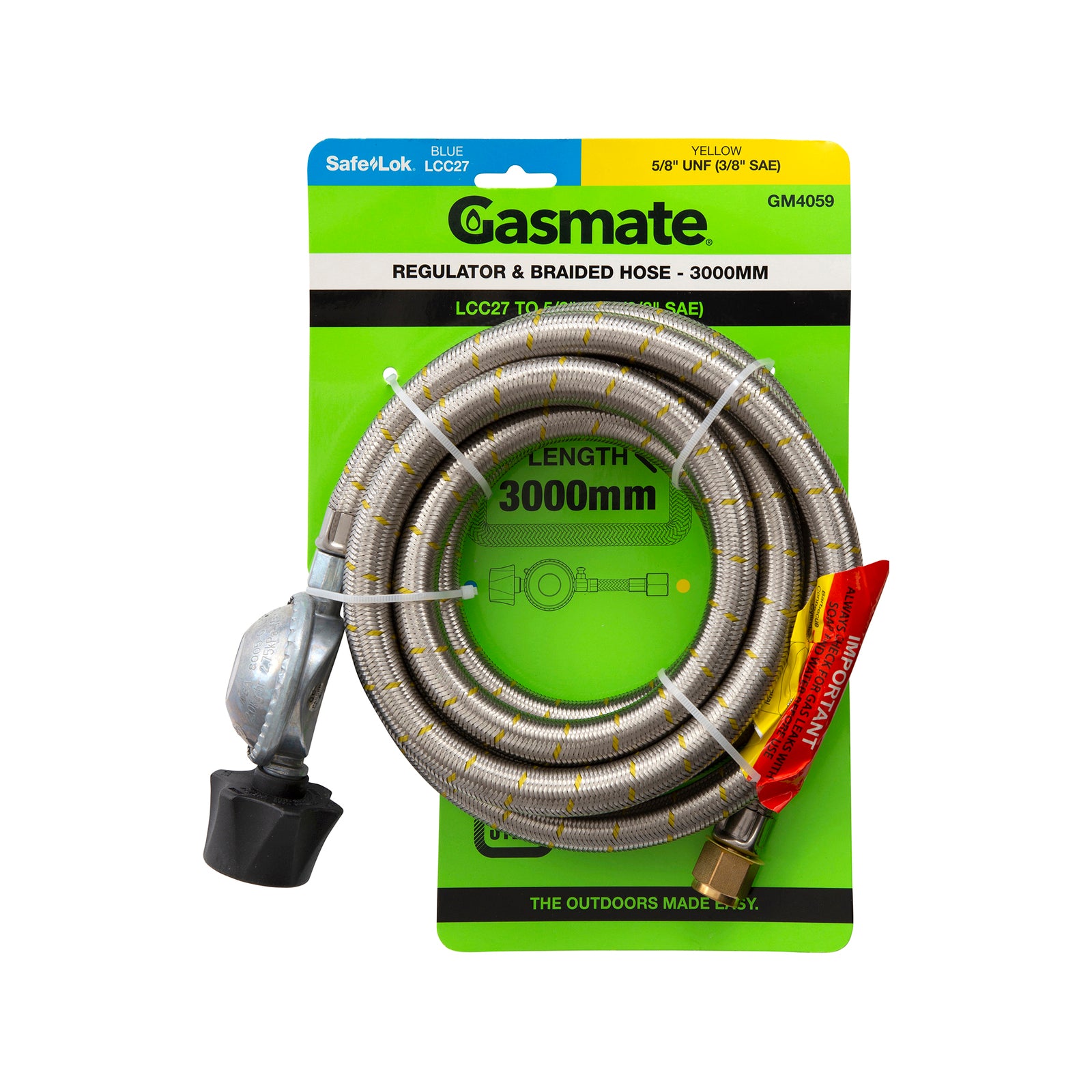 Gasmate Regulator & Braided Hose 3000mm LCC27 to 5/8" UNF (3/8" SAE)