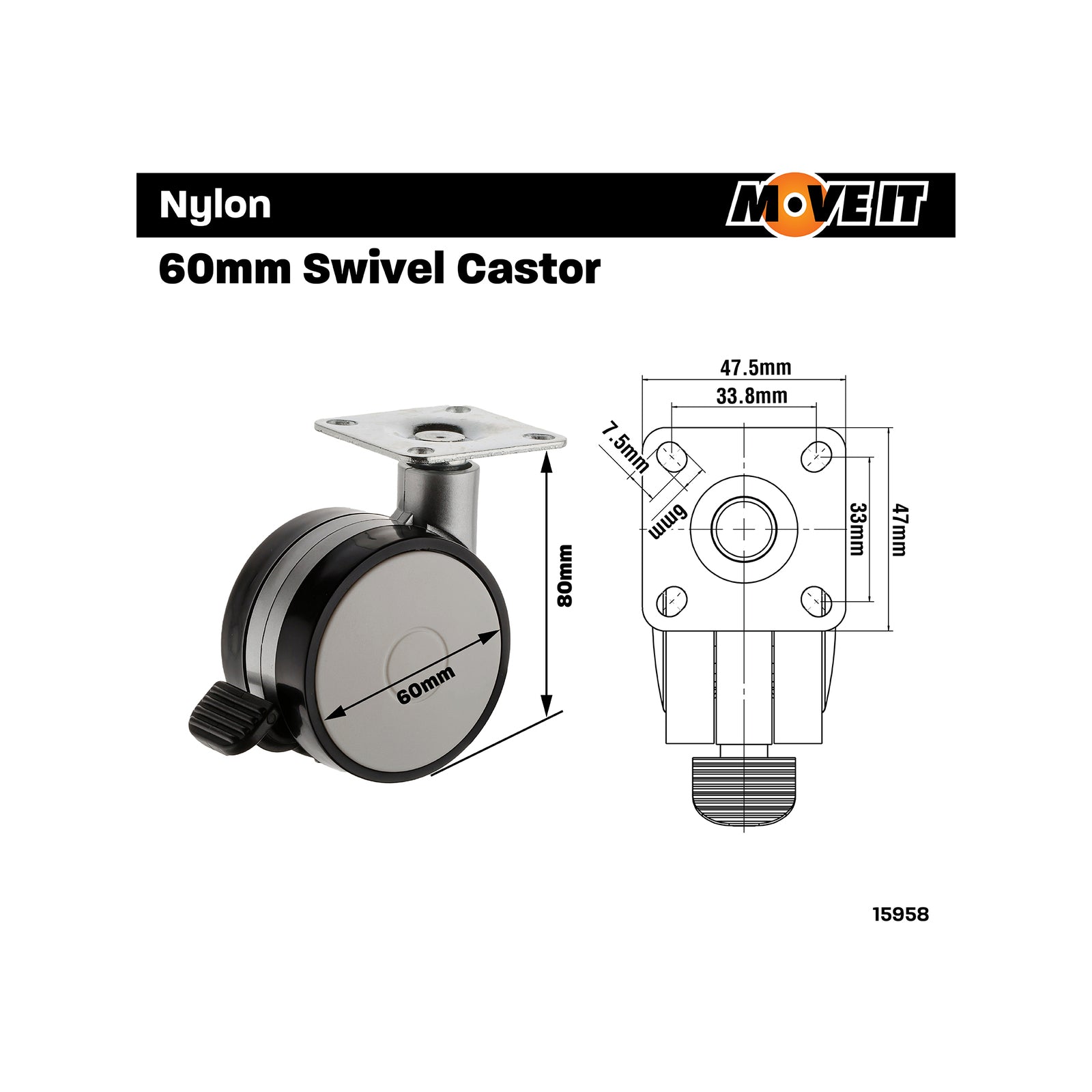 Easyroll 60mm 30kg Twin Wheel Nylon Office Swivel Brake Castor