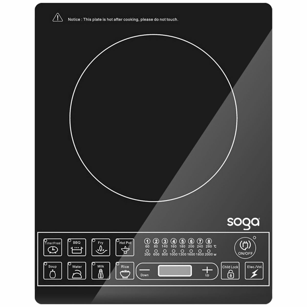 SOGA portable induction cooktop - 2kW, 8 temperature levels, 182mm zone, black ceramic glass - SG-ELECCT