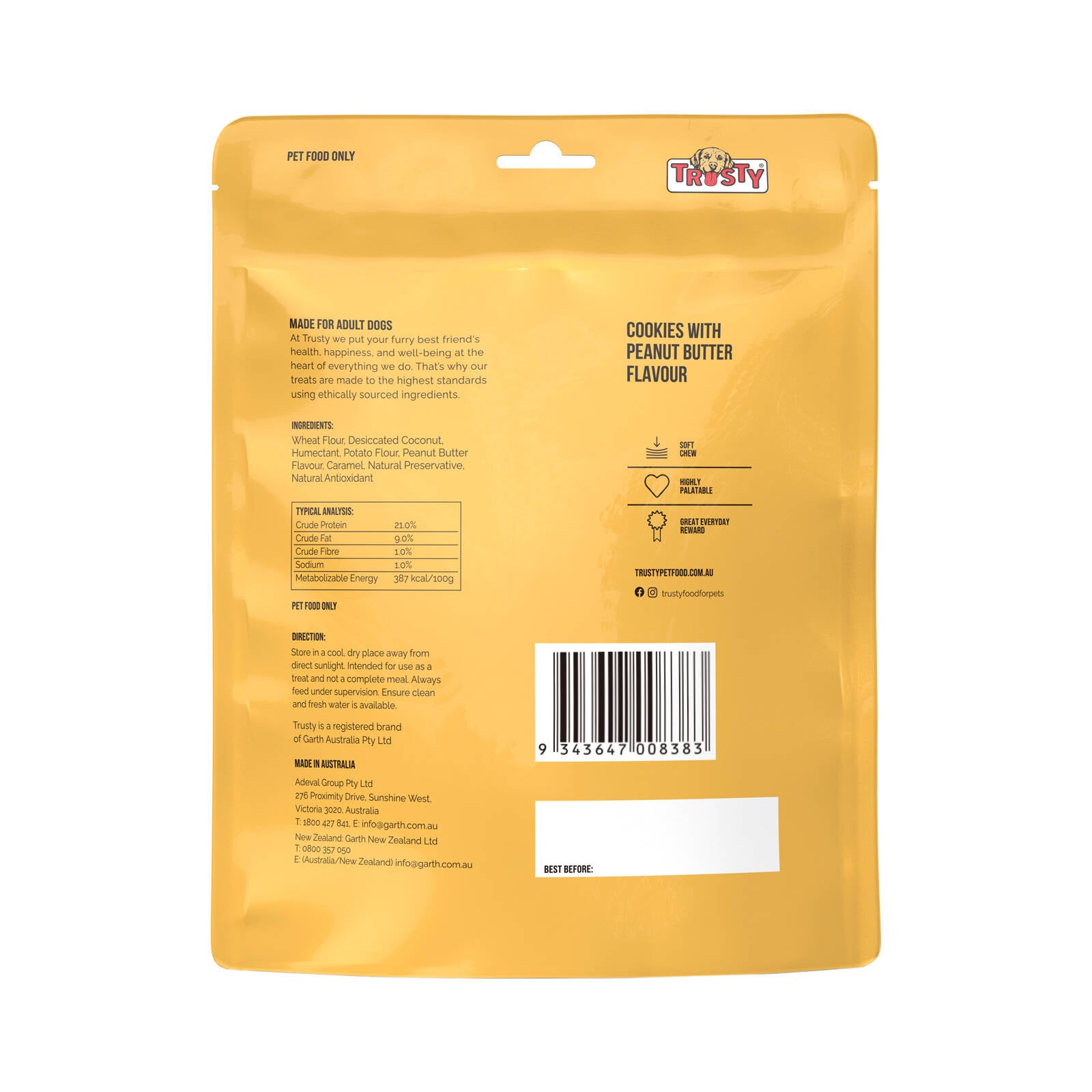 Trusty Peanut Butter Flavour Cookies Dog Treats 300g Biscuits Australian Made