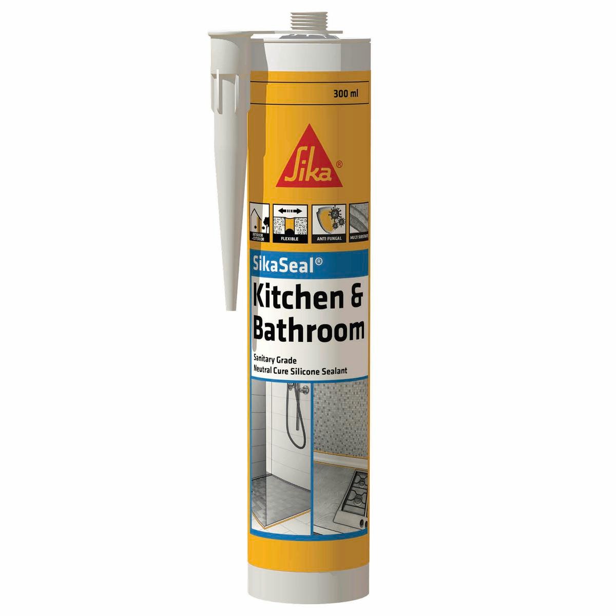 Sika SikaSeal Kitchen & Bathroom Silicone Sealant 300ml, White Mould Resistant