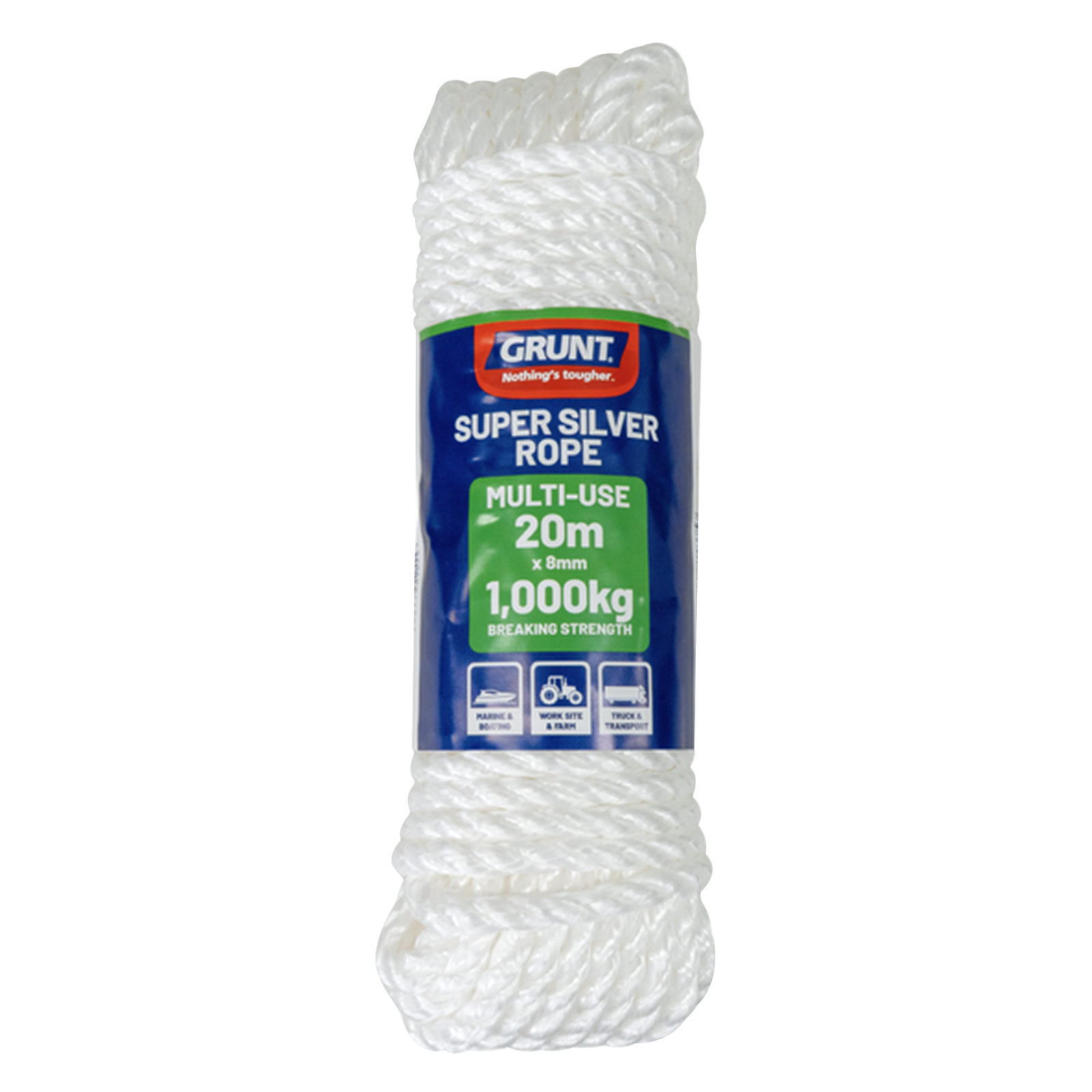 Grunt Super Silver 8mm x 20m Rope, White Twisted Polypropylene, Floats, 1000kg Break Strength