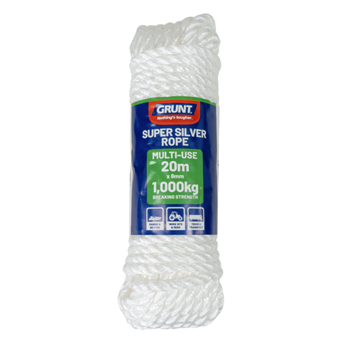 Grunt Super Silver 8mm x 20m Rope, White Twisted Polypropylene, Floats, 1000kg Break Strength