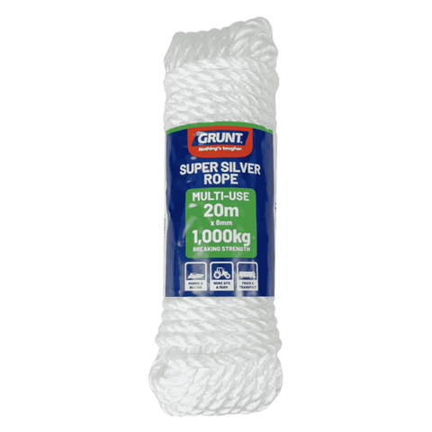 Grunt Super Silver 8mm x 20m Rope, White Twisted Polypropylene, Floats, 1000kg Break Strength
