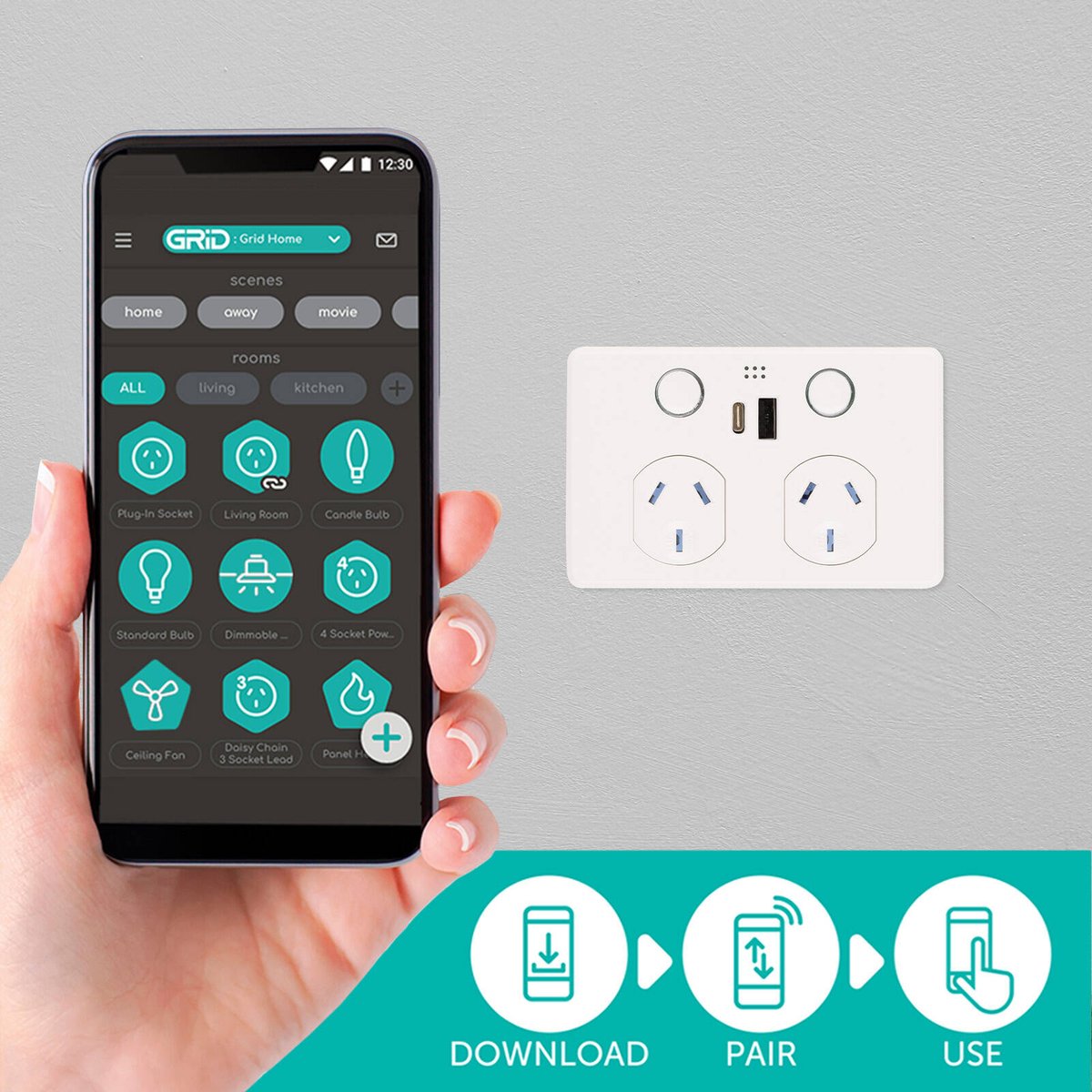 DETA GRID Smart Double Power Point with USB-A & USB-C PD20W Fast Charging White Indoor