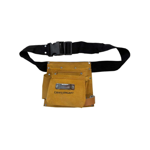 Craftright 5 Pocket Leather Nail and Tool Belt, Tan, Double-Stitched with Tape Clip