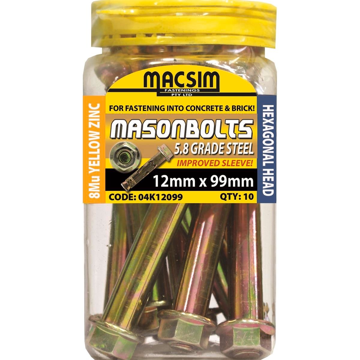Macsim 12 x 99mm Yellow Zinc Plated Masonry Sleeve Anchor, Hex Nut - 10 Pack