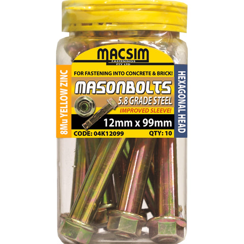 Macsim 12 x 99mm Yellow Zinc Plated Masonry Sleeve Anchor, Hex Nut - 10 Pack