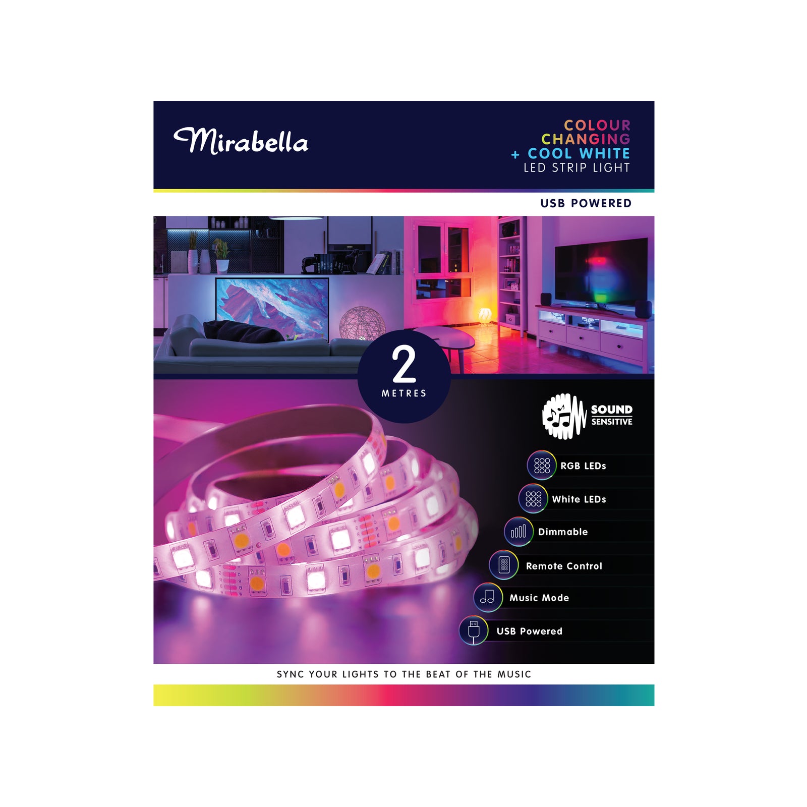 Mirabella 2m USB LED Strip Light Colour Changing Dimmable
