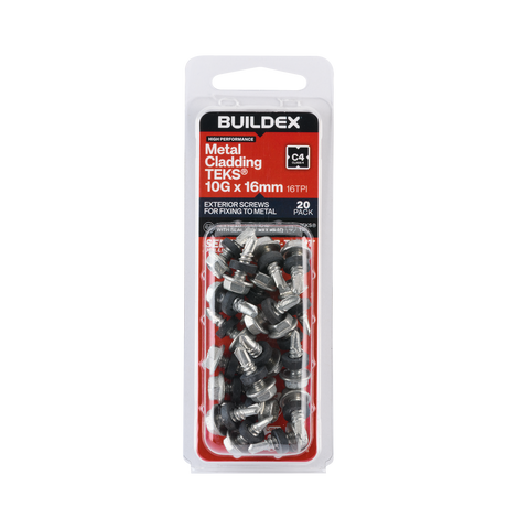 Buildex 10G x 16mm Class 4 Metal Cladding TEKS Screws with Seal, Hex Head - 20 Pack