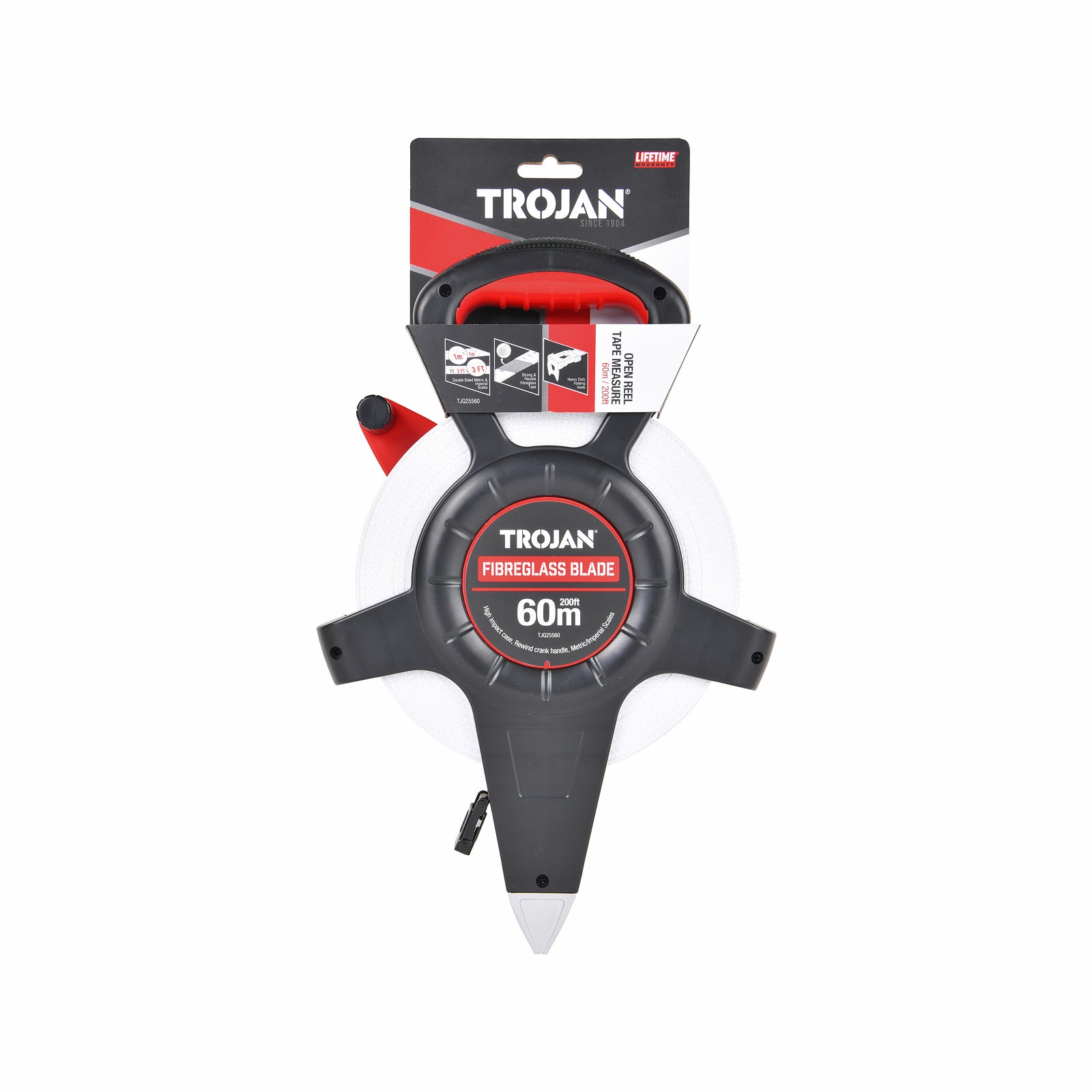 Trojan 60m Fibreglass Open Reel Tape Measure, Metric and Imperial