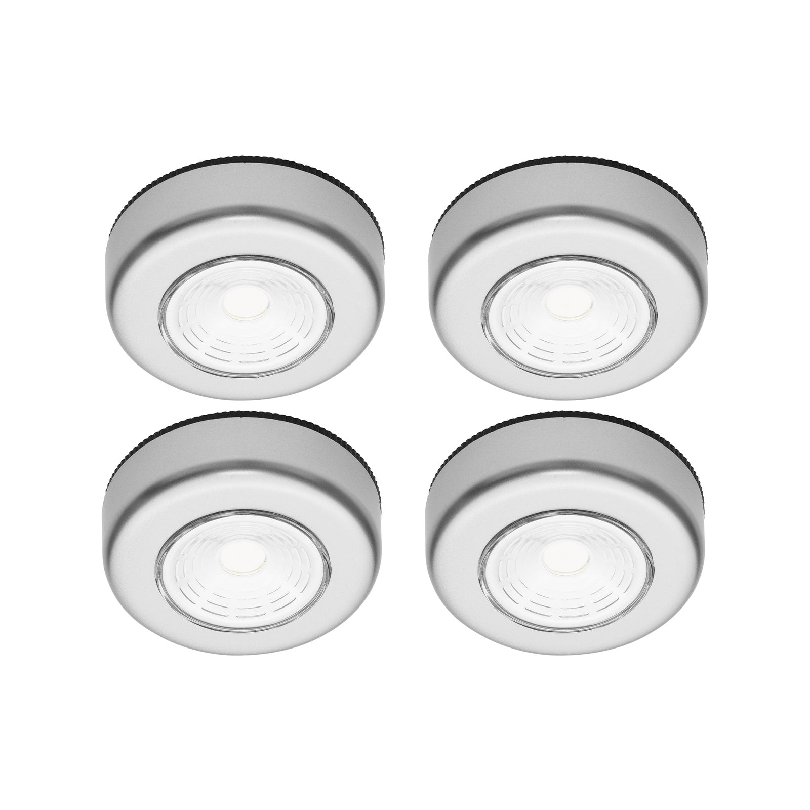 Click Silver LED Puck Lights 4 Pack, Cordless Push-On, Indoor, Self-Adhesive