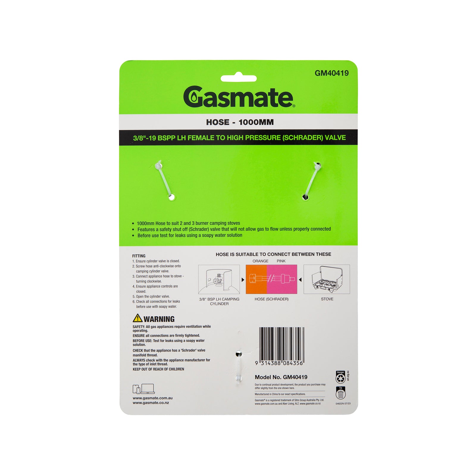 Gasmate Hose 1000mm 3/8" BSPP LH to High Pressure Schrader Valve