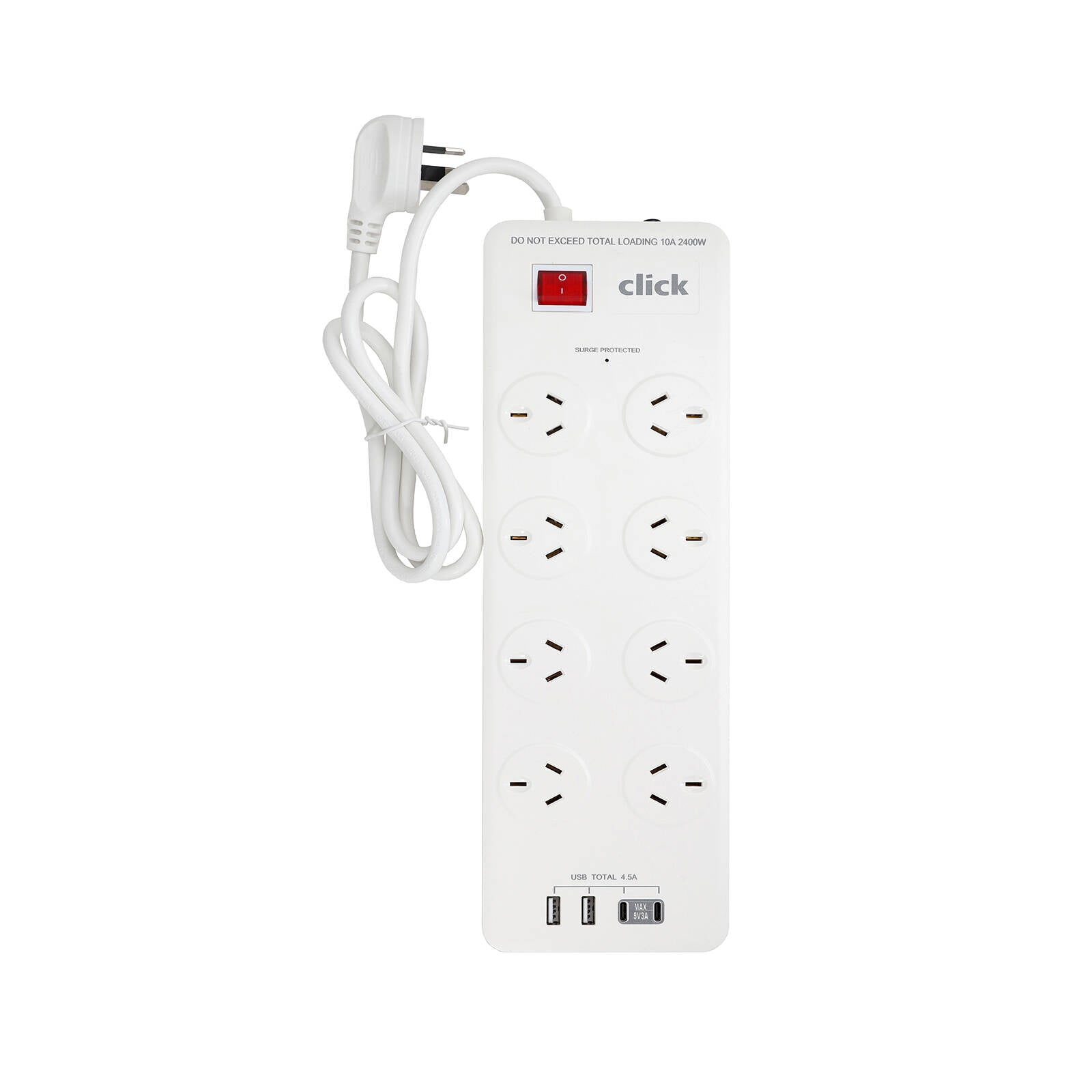 Click 8 Outlet Power Board with USB Charger 240V 2400W Surge 1m Lead CPB8U