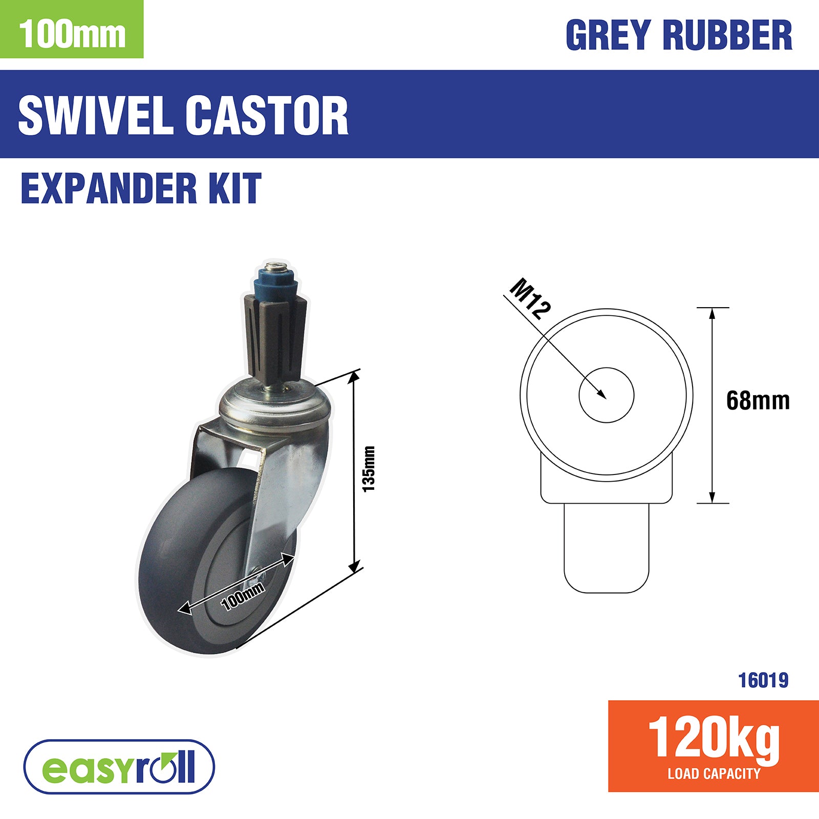 Easyroll 100mm 120kg Grey Rubber Castor Expansion Kit