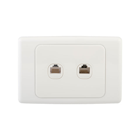 DETA Cat 6 Double Ethernet RJ45 Outlet - White Polycarbonate 2 Port Wall Plate