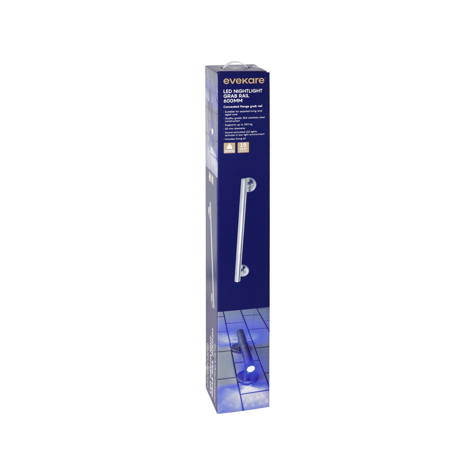 evekare 600mm Polished Grade 304 Stainless Steel LED Night Light Grab Rail 250kg Capacity