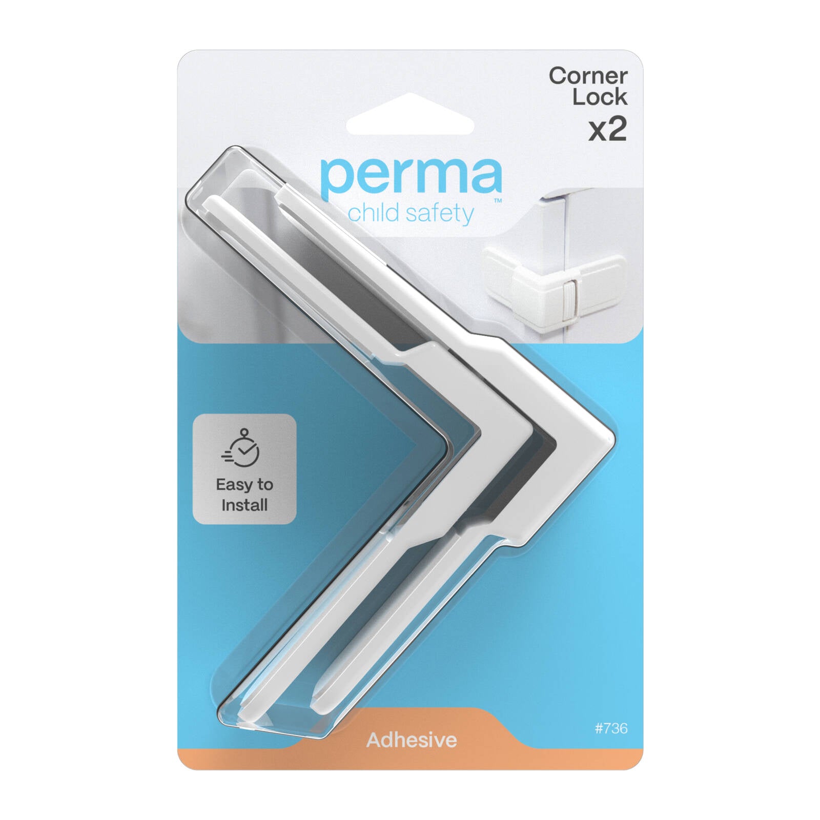 Perma Child Safety Adhesive Corner Drawer Locks - 2 Pack, Self-Locking White