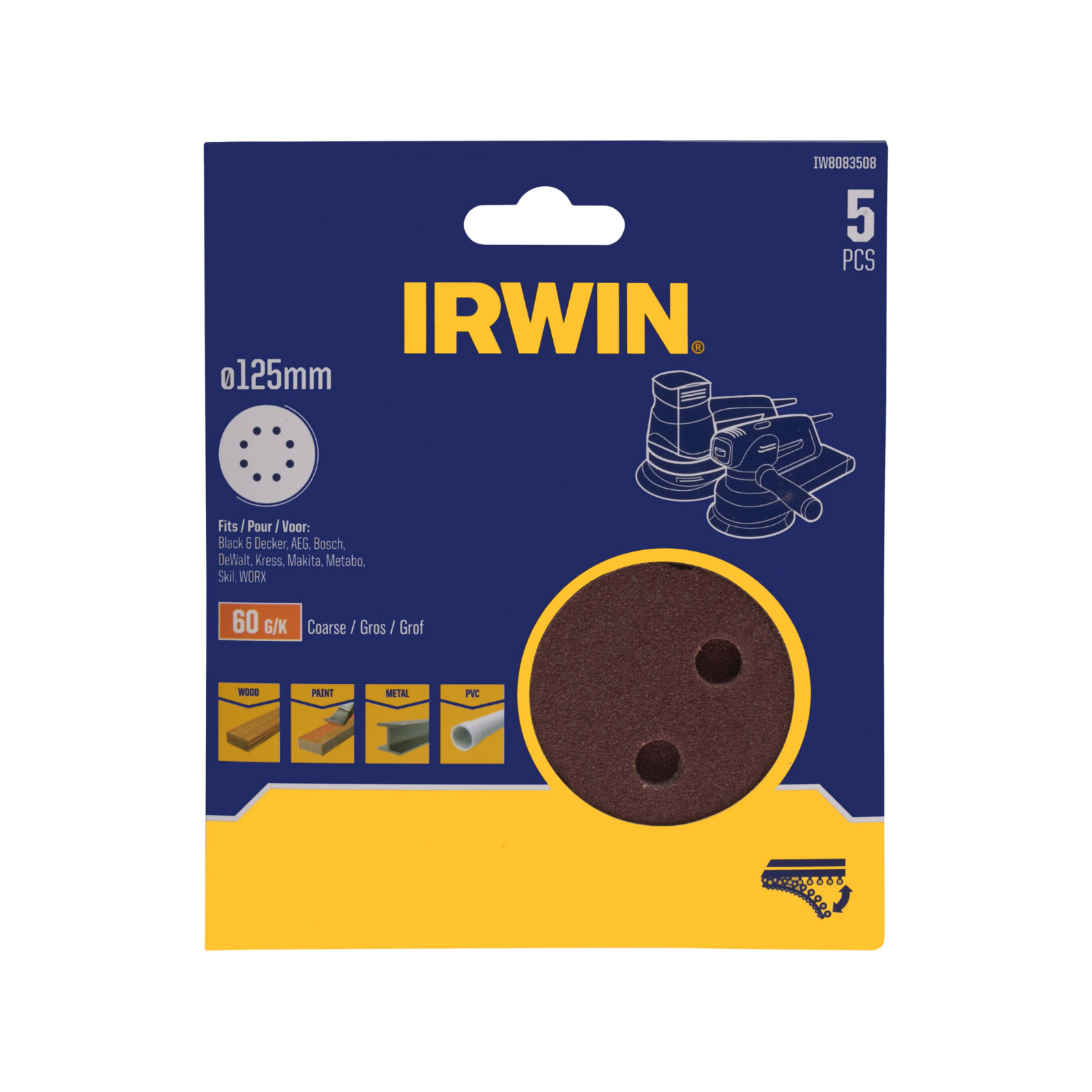 Irwin 125mm 60 Grit Quick Fit Random Orbital Sanding Discs 5 Pack, 8 Holes