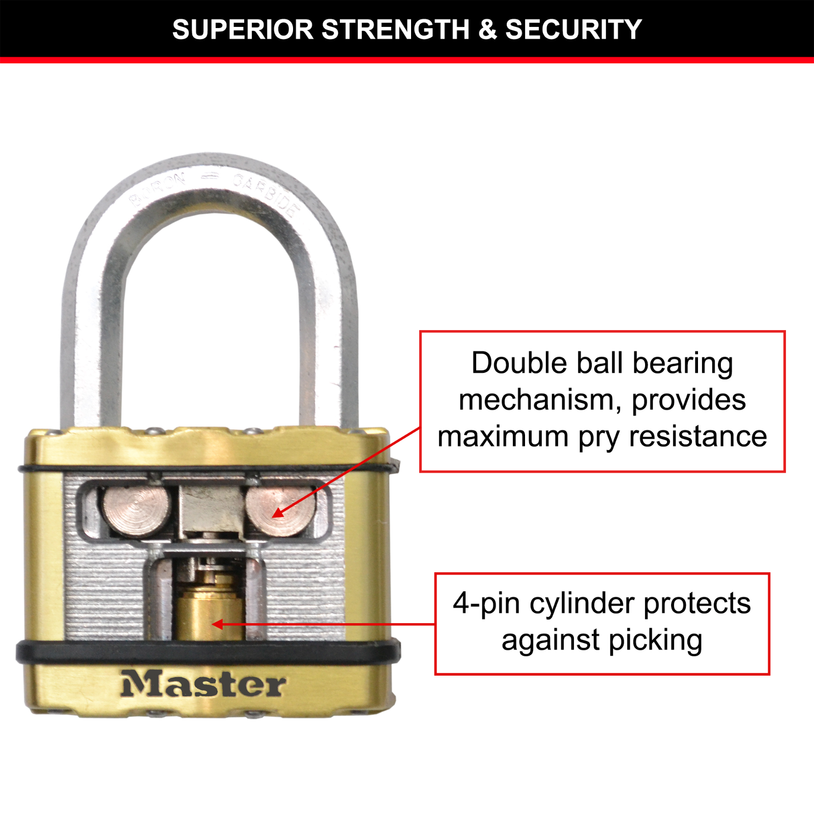 Master Lock 50mm Excell Padlock 4 Pack Laminated Steel Boron-Carbide Shackle