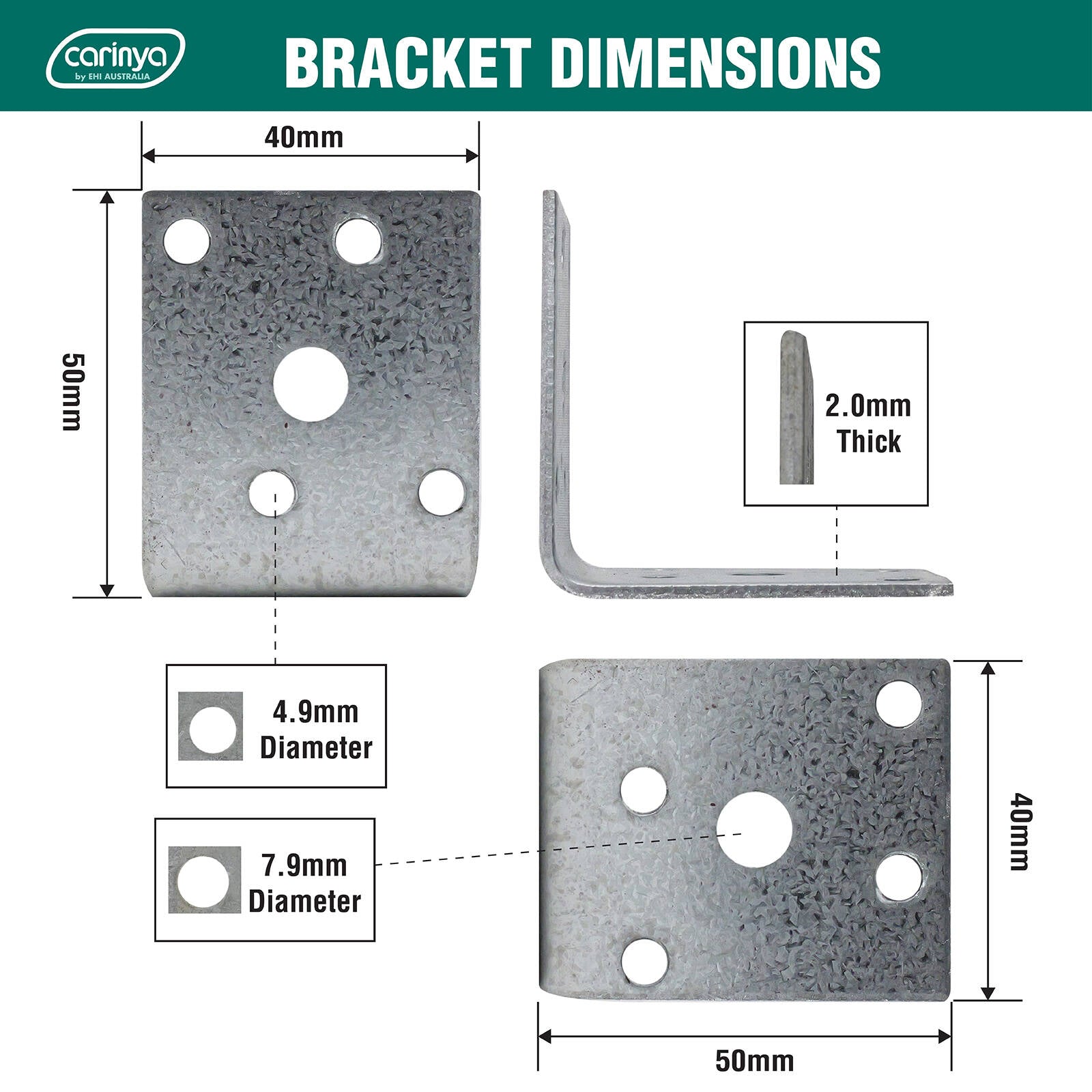 Carinya 50 x 50 x 40 x 2mm Galvanised Steel Reinforcing Angle Bracket - 8 Pack