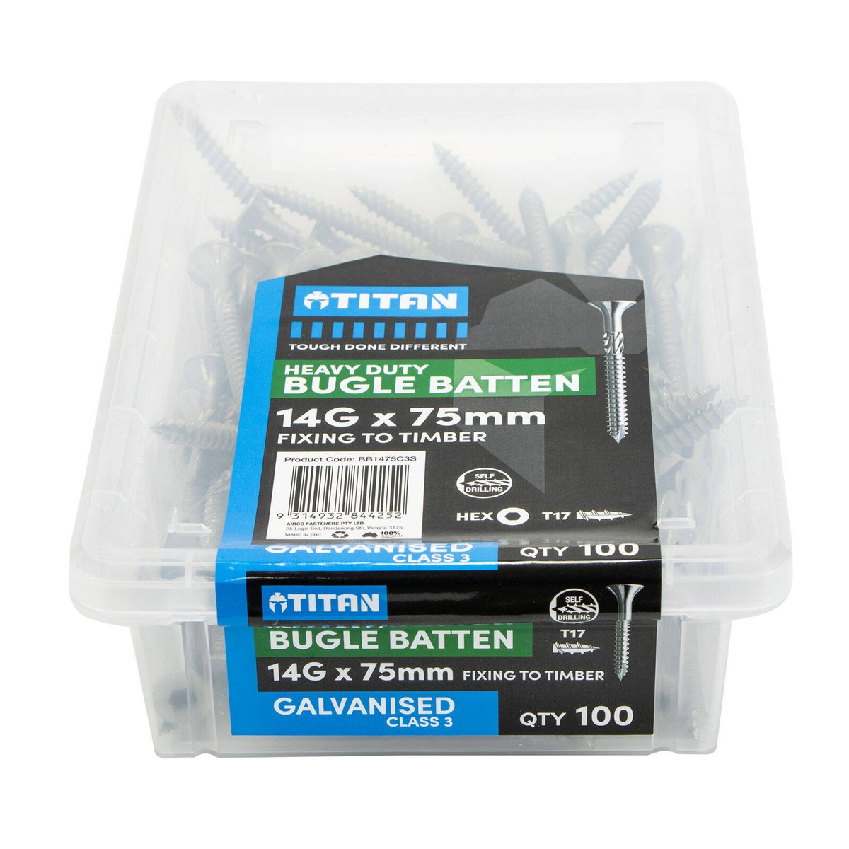 Titan 14g x 75mm Class 3 Galvanised Bugle Batten Screw, Type 17 - 100 Pack