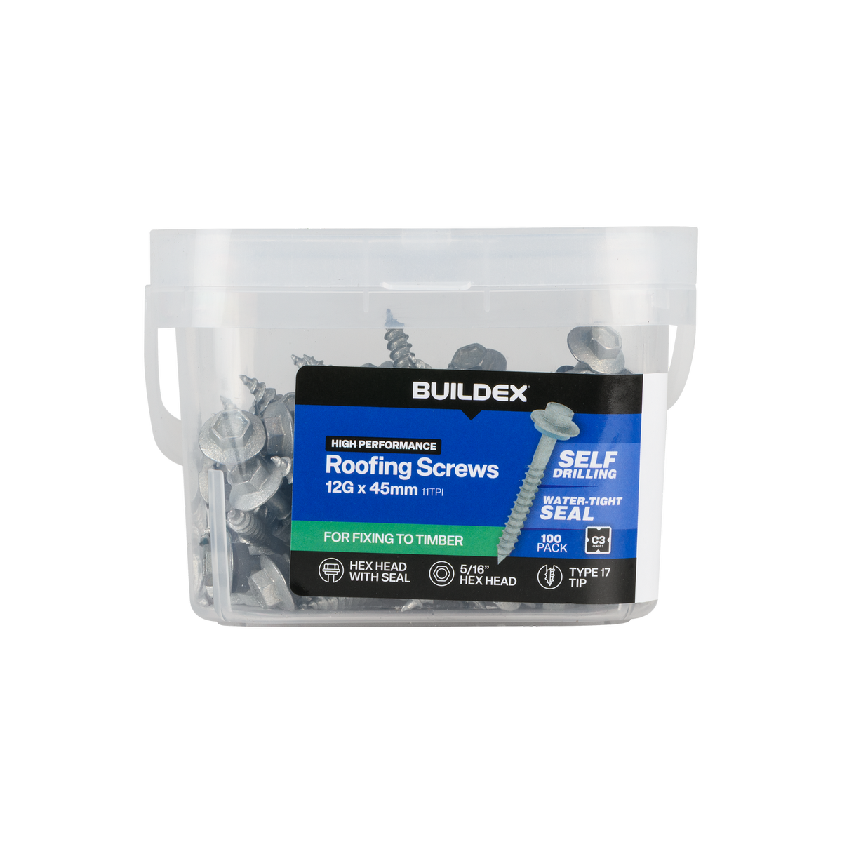 Buildex 12G x 45mm Class 3 Roofing Screws with Seal, Type 17 Hex Head - 100 Pack