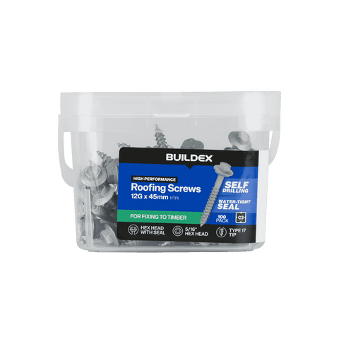 Buildex 12G x 45mm Class 3 Roofing Screws with Seal, Type 17 Hex Head - 100 Pack
