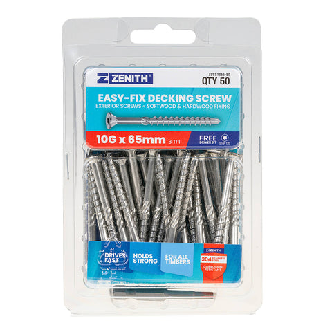 Zenith Easy-Fix Decking Screw T20 10G x 65mm SS304 Stainless, 50 Pack