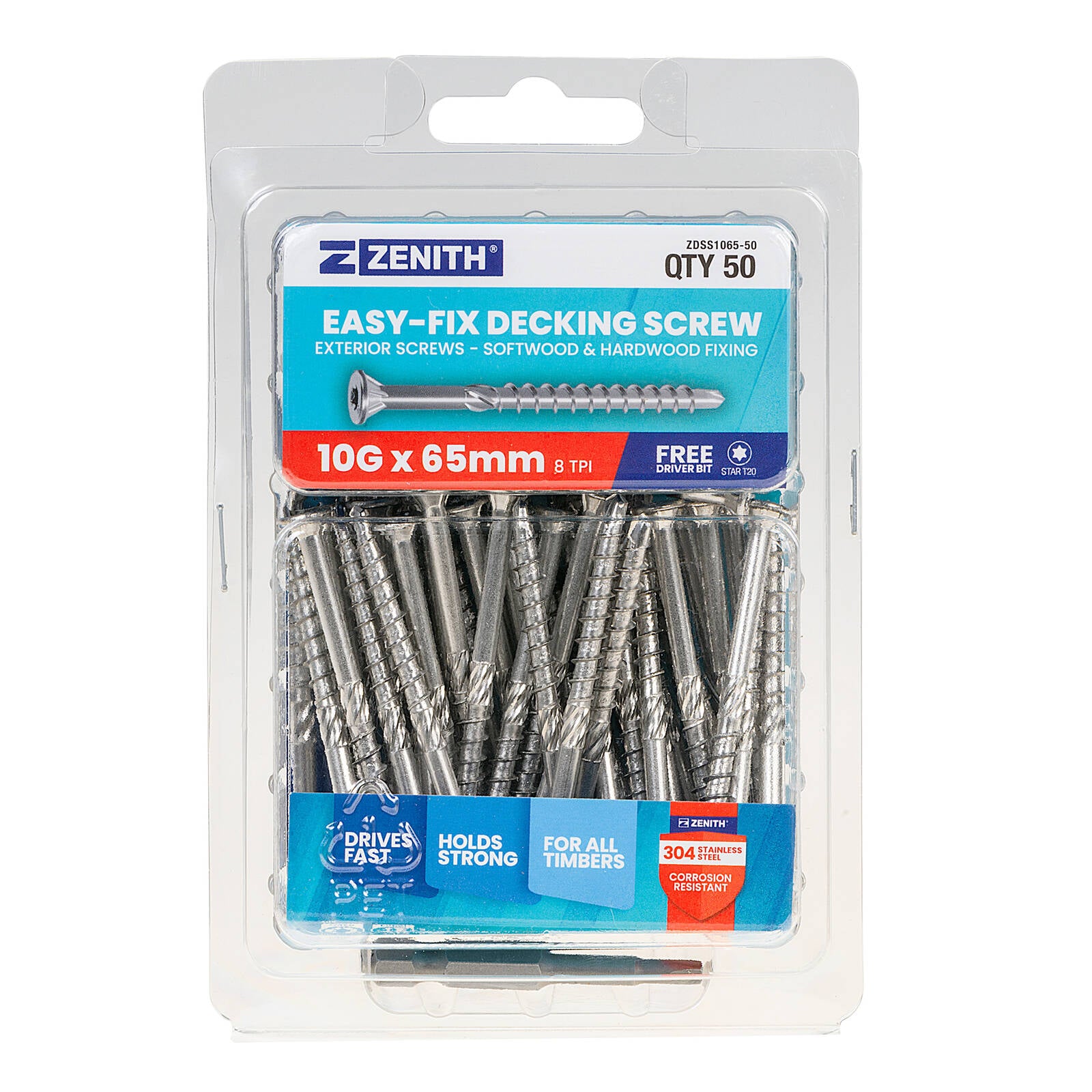 Zenith Easy-Fix Decking Screw T20 10G x 65mm SS304 Stainless, 50 Pack