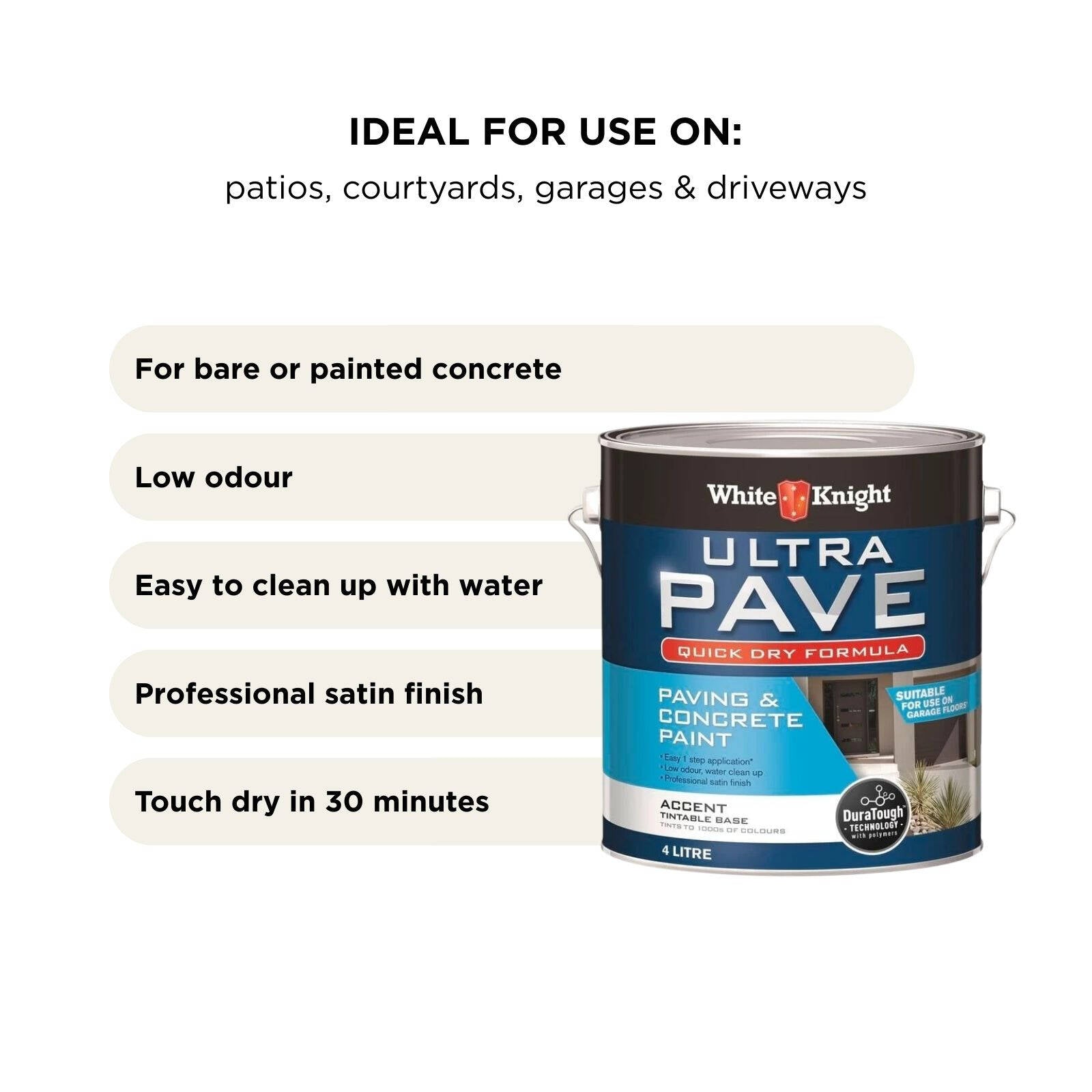 White Knight Ultra Pave 4L Accent Quick Dry Paving & Concrete Paint - Water Based, Tintable, Recoat 2hrs