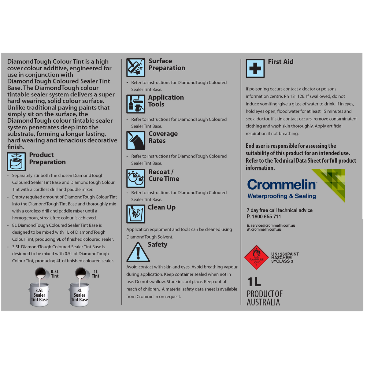 Crommelin DiamondTough Colour Tint 1L Basalt Solvent-Based Concrete Tint
